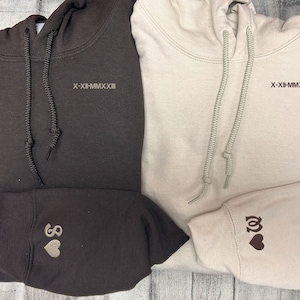 Custom embroidered hoodie - personalized - embroidered roman numerals + initials + heart  - Valentine&#39;s gift - Anniversary Date - couples