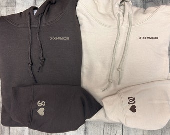 Custom embroidered hoodie - personalized - embroidered roman numerals + initials + heart  - Valentine's gift - Anniversary Date - couples