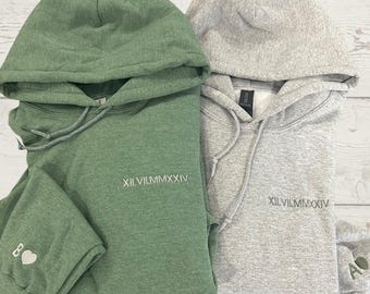 Custom embroidered, roman numerals + initials + heart hoodie - personalized  - Valentine's gift - Anniversary date or Birthday