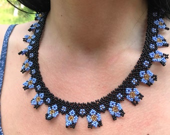 boho blue necklace,Christmas gift for mother.boho jewelry/Beaded Necklaces.handmade jewelry.black jewelry.beading patterns.Ukrainian jewelry