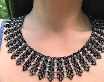 Boho Czech Bead Necklace, Black & Silver Jewelry