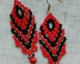 Beaded earrings, seed bead earrings, modern earrings,  black earrings, red earrings, handmade earrings, Ukrainian earrings, coral earrings