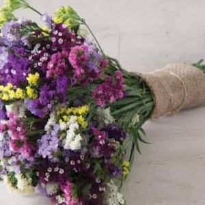 May include: A bouquet of dried flowers in shades of purple, pink, white, and yellow. The flowers are tied together with a natural twine.