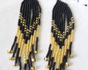 Gold and black beaded earrings,Fringe seed bead earrings,long beaded earrings seed bead earrings boho earrings dangle earrings grey earrings