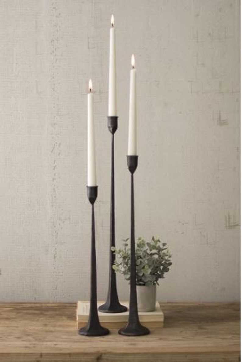 Set of Three Tall Cast Iron Taper Candle Holders image 1