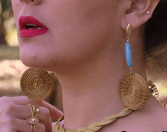 Golden Grass and Natural Turquoise Earrings/ Capim Dourado / Long Earrings / Gold / Organic / Eco-Friendly