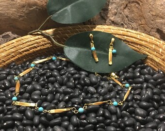 Golden Grass Turquoise Necklace Choker and Earring Set / Capim Dourado / Gold / Organic / Eco-Friendly