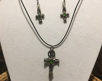 Recycled Bicycle Tire Cross Necklace and Earring Set / Murano Glass / Various Colors / Eco-jewelry