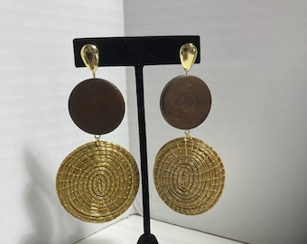 Golden Grass and Wood Post Earrings / Gold / Organic / Eco-Friendly