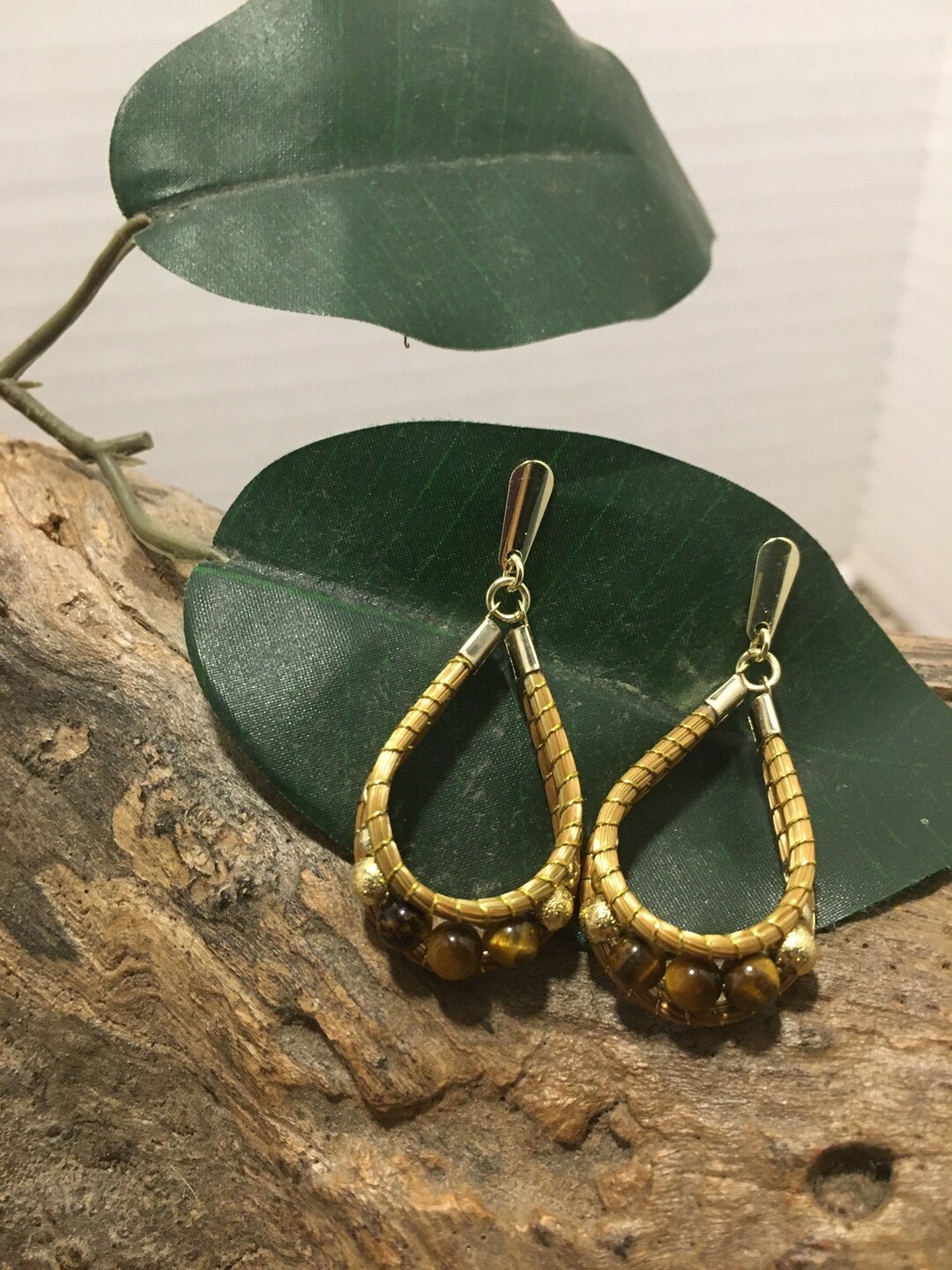 Golden Grass And Beaded Stone Earrings Capim Dourado Long Etsy
