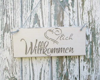 Türschild Shabby Holzschild HERZLICH WILLKOMMEN 3 D , Weiß- Taupe , Türdeko landhaus rustikal