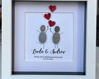 Ruby Wedding Anniversary Gift, 40th Wedding Anniversary, Gift for couple, Couple gift, Pebble art frame, Personalised Ruby Wedding Frame