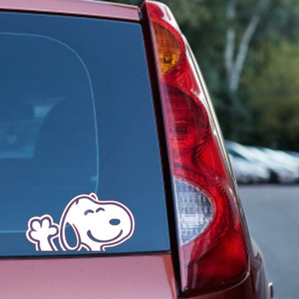 snoopy waving car window decal, bumper sticker, panel, vinyl sticker, vinyl decal, personalised decal, for the car, gift for her