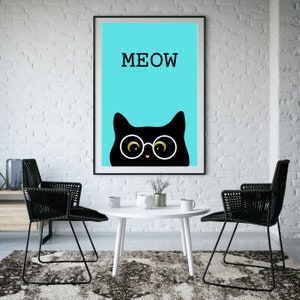 Aqua MEOW ABSTRACT CAT art, Cat Silhouette Print, Minimalist Wall Art, Cat Poster, Instant Digital Download, Printable Wall Art, Cat Parent