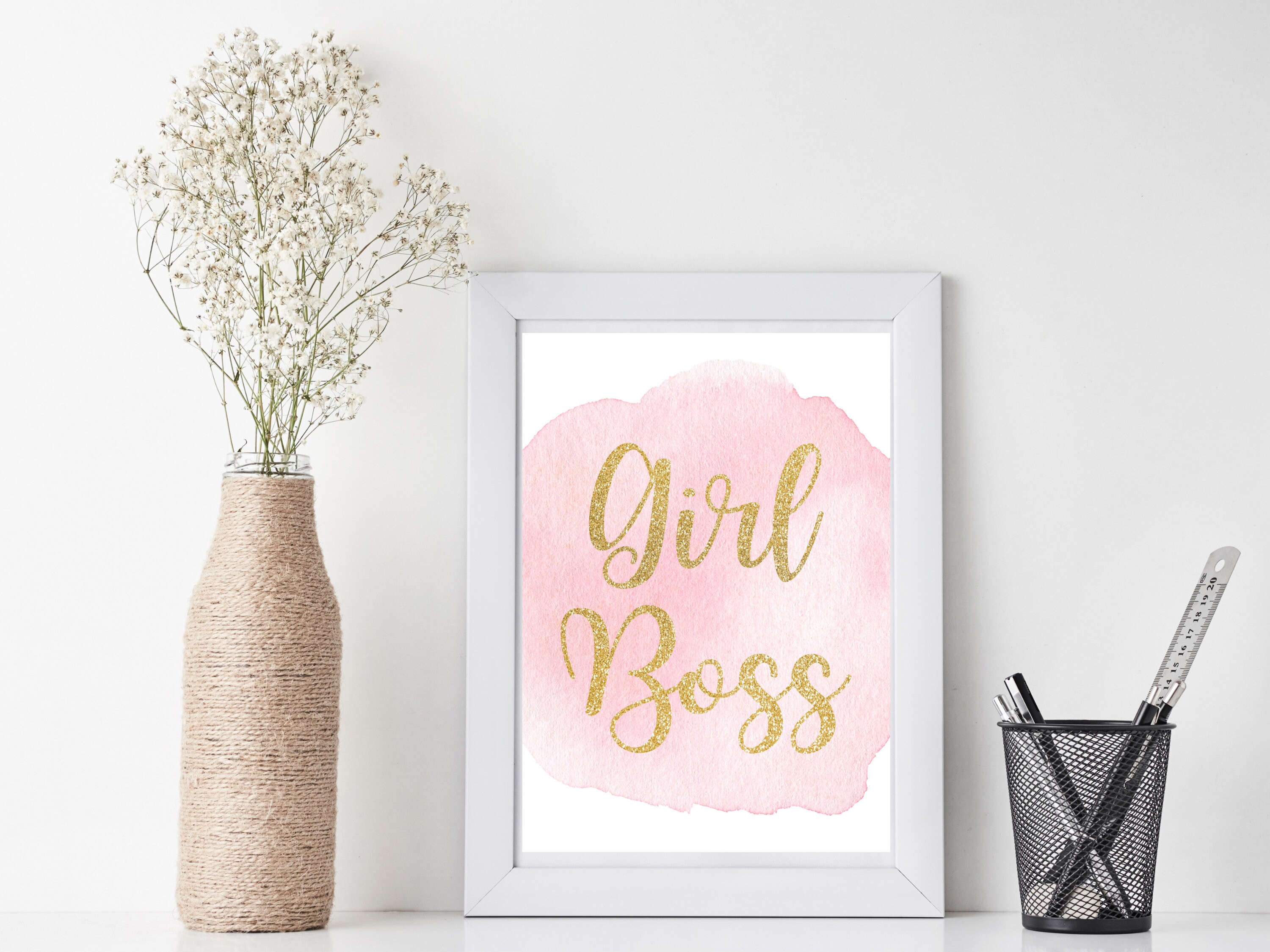 Girl Boss Pink and Gold Glitter Motivational Office Decor Digital ...