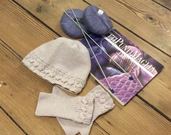 Unique and elegant crochet hat and fingerless gloves set in a delicate evening sky colour shade made in extra fine warm and soft merino wool