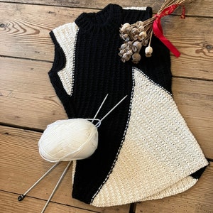 Black and white hand-knitted sleeveless jumper worked using intarsia technique to create unique asymmetric design image 1