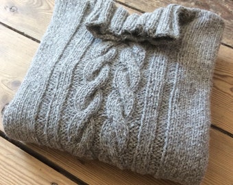 Hand-knitted classical gansey style men's jumper, cable front, natural hand-spun undyed grey Herdwick sheep's wool