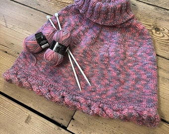 Hand-knitted capelet with cable bottom edge and ribbed turtleneck in Aran weight wool, classic pink and purple melange handknitted poncho