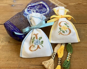 Lavender sachet personalised with floreal cross-stitched letter and matching coloured ribbon