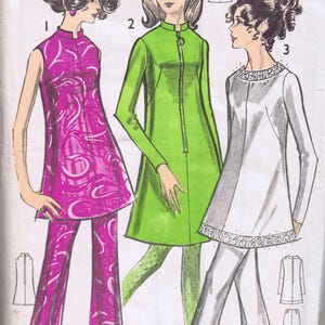 May include: Vintage sewing pattern for a dress and trousers, featuring three illustrated women in different outfits. The outfits include a pink patterned dress and pants, a green dress, and a white top with matching trousers. The pattern is size 12, with a 86cm bust and 91cm hips.
