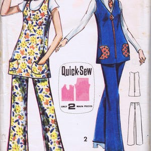 May include: Vintage sewing pattern for two retro outfits. One outfit is a floral print tunic and flared trousers, the other is a blue vest and trousers. The pattern includes size 12, bust 86cm, and hip 91cm.