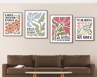 Retro Floral Christian Wall Art Prints, Bible Verse Set (Digital Download)