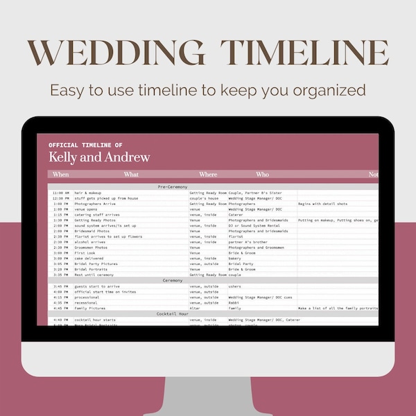 Wedding Timeline Spreadsheet | Timeline Planner and Wedding Organizer | Google Sheets | Wedding Day Planner