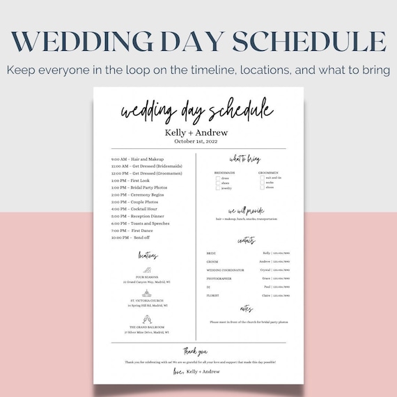 Wedding Day of Timeline Template Bridal Party Itinerary Etsy