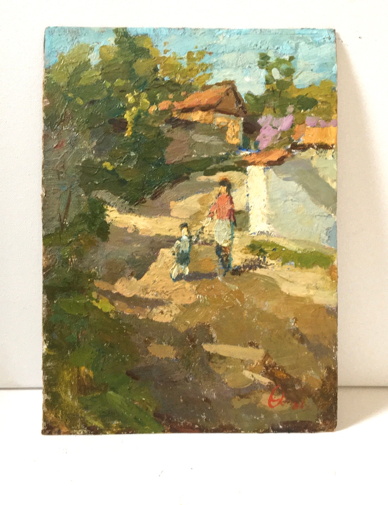Vintage Original OIL Painting by Chebotaru N Authentic 1981 Rural genre art piece Country woman child artwork Wall decor Gift