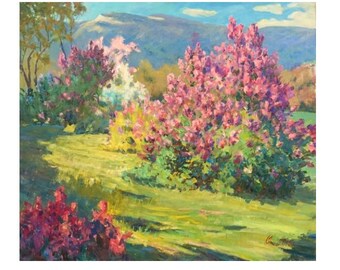 May include: A painting depicting a landscape with a mountain in the background and a field of pink flowers in the foreground. The flowers are in full bloom and the sky is blue with white clouds.