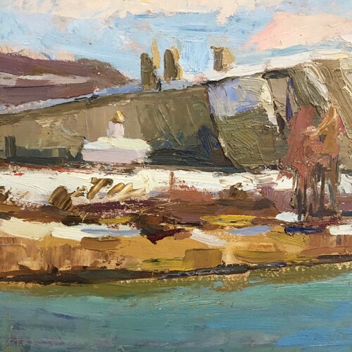 Vintage Original Oil Painting River City beach landscape Impressionist Art piece Cityscape shops Wall Kitchen Art Wall home decor Living room Gift