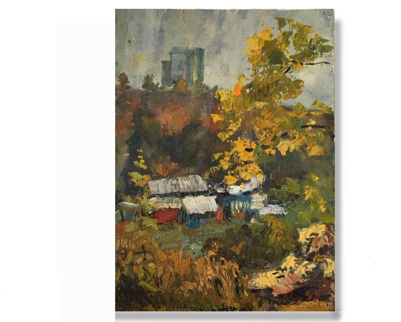 Farmhouse decor Authentic 1974 Soviet painting Wall decor Landscape Vintage Painting Small art Rarity Collectible artwork Cityscape
