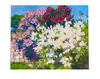 May include: A painting depicting a cluster of lilac bushes in full bloom. The flowers are white and pink, and the leaves are green. The painting is executed in a realistic style, with visible brushstrokes.