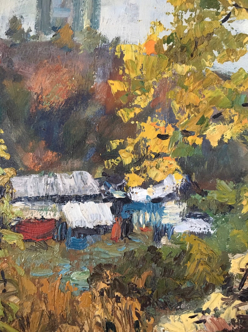 Farmhouse decor Authentic 1974 Soviet painting Wall decor Landscape Vintage Painting Small art Rarity Collectible artwork Cityscape