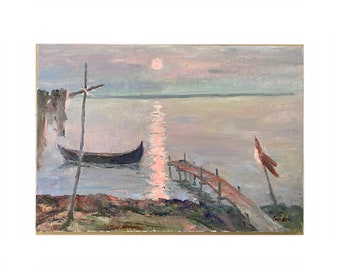 Vintage Originalgemälde, Wasserlandschaft, impressionistische Kunst, Meereskunstwerk, Sonnenuntergangslandschaft, Ölgemälde, ukrainische Kunst, Wanddekoration, Geschenk