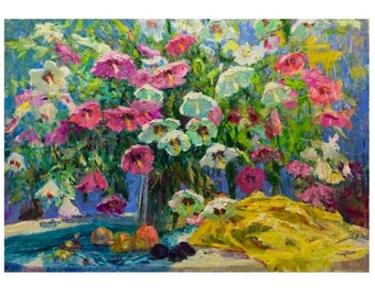 May include: A still life painting featuring a vase filled with pink, white, and green flowers. The vase is on a table with a yellow cloth and some fruit.