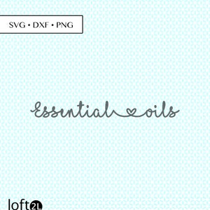 May include: A digital design featuring the text "essential oils" with a heart symbol between the words. The text is in a gray color and the background is a light blue with a subtle pattern.