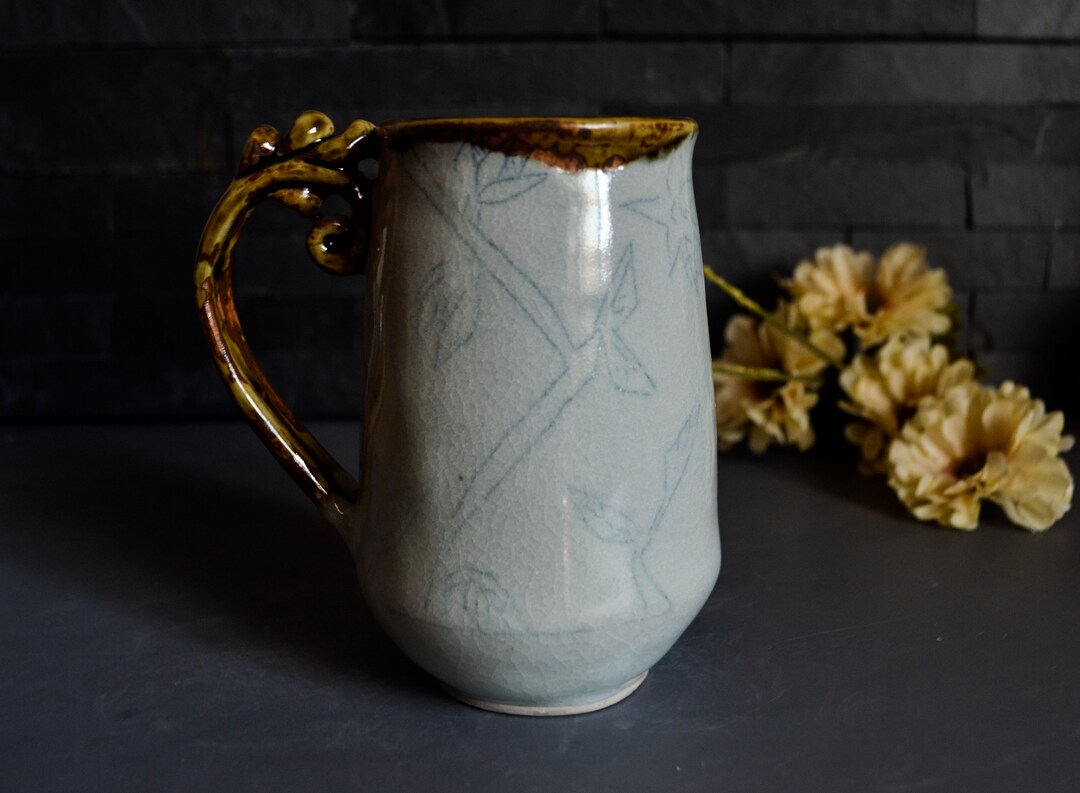 Handmade Inlayed Floral Ceramic Mug With Elegant Handle - Etsy