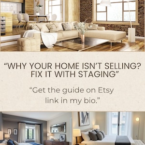 May include: Interior design image featuring a living room with a beige sectional sofa, wooden coffee table, and a brick accent wall. The text reads: "WHY YOUR HOME ISN'T SELLING? FIX IT WITH STAGING" and "Get the guide on Etsy link in my bio."
