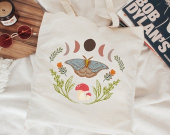 Botanical Mushroom Moon Phases Cotton Tote Bag