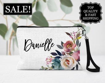 Personalized Floral Makeup Bag, Flower Linen Cosmetic Bag, Flower Make Up Bag, Bridesmaid Gift, Bridal Party, Maid Of Honor Gift Ideas