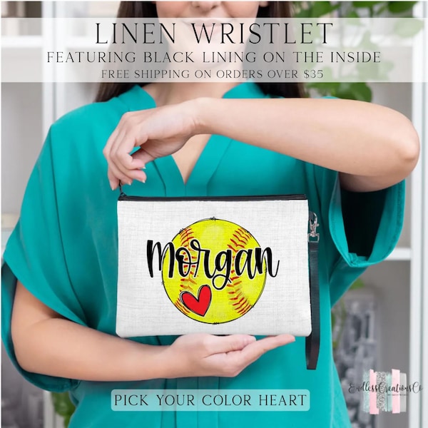 Softball Heart Wristlet, Personalized Sports Make Up Bag, Custom Softball Bag, Softball Team Gift, Sports Gift, Softball Coach Gift