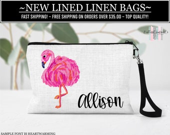 Flamingo Cosmetic Bag, Linen Cosmetic Bag, Personalized Makeup Bag, Bridesmaid Gift, Wedding Party Gift, Personalized Cosmetic Bag