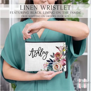 Personalized Floral Makeup Bag, Flower Linen Cosmetic Bag, Flower Make Up Bag, Bridesmaid Gift, Bridal Party, Maid Of Honor Gift Ideas