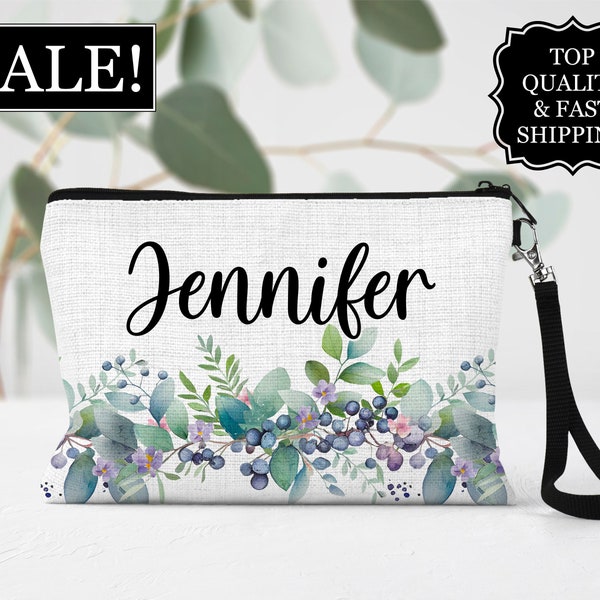 Personalized Blueberry Floral Cosmetic Bag, Blueberry Flower Makeup Bag, Floral Makeup Organizer, Toiletry Bag, Zipper Pouch, Floral Bag