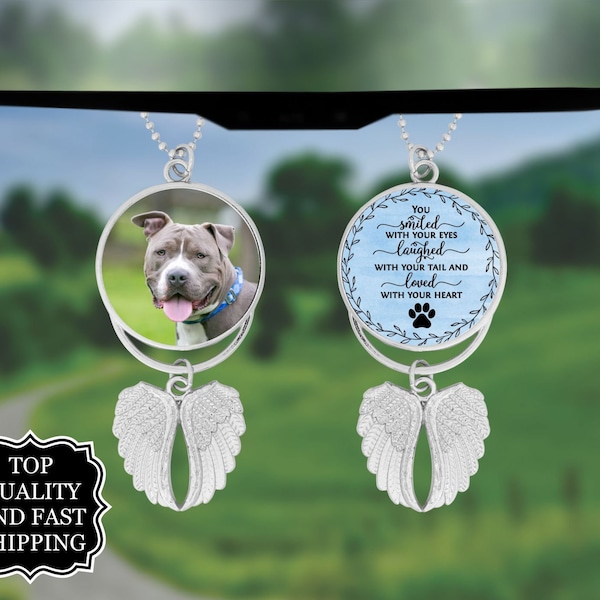 Pet Photo Angel Wings Memorial Hanging Charm, Rear View Mirror Memorial Charm, Personalized Memorial Ornament Charm, Double Sided Car Charm