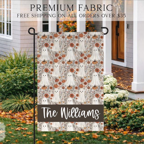 Floral Ghost Halloween Garden Flag, Custom Name Yard Flag, Cute Spooky Ghost Outdoor Fall Decor, Halloween Porch Flag, October Ghost Flag