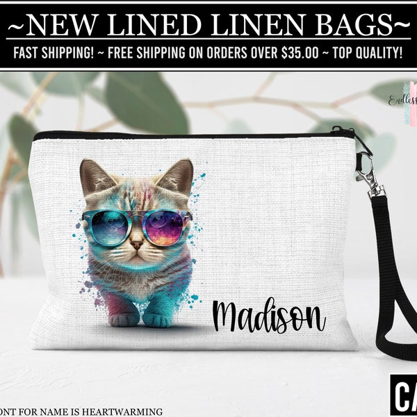 Cat Lined Linen Cosmetic Bag, Cat Makeup Bag, Cat Gift Ideas, Personalized Linen Wristlet, Custom Cat Bag, Fox Lover Gift, Custom Cat Gift