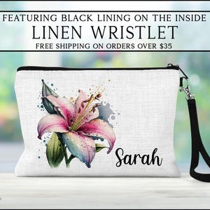 Personalized Lily Flower Makeup Bag, Flower Linen Cosmetic Bag, Flower Make Up Bag, Bridesmaid Gift, Bridal Party, Maid Of Honor Gift Ideas